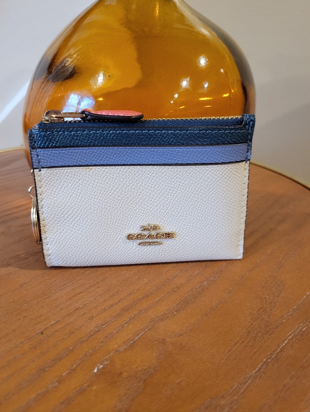 Coach 6851 Small Colorblock Card Case with Key Ring - Chalk & Peacock Blue